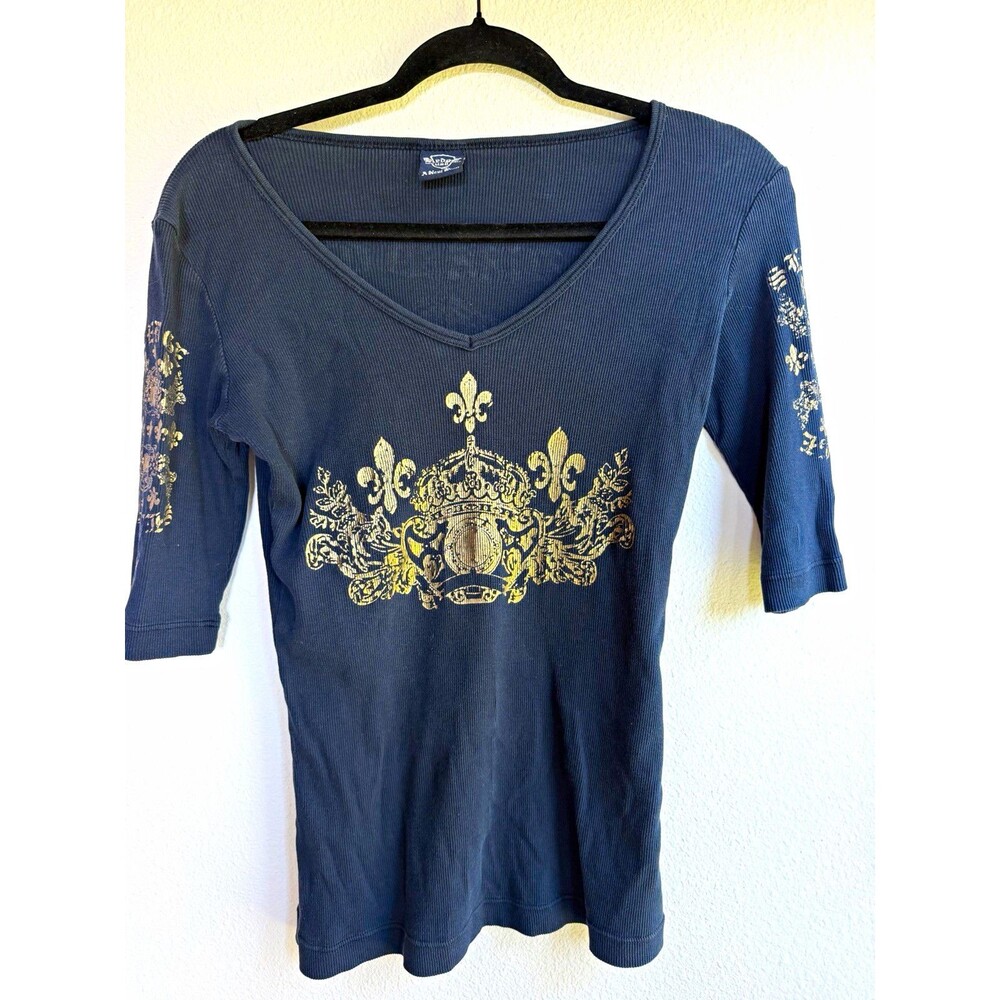Y2K Sledge USA Women's M Black V-Neck 3/4 Sleeve Graphic Print Knit Top